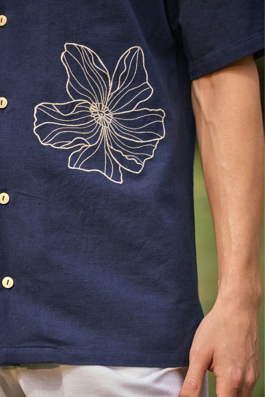 Midnight Blue Earthy Brown Embroidered Shirt