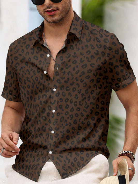 Men's Casual Short-sleeve Shirt with a Dark Brown Base Featuring a Dense Pattern