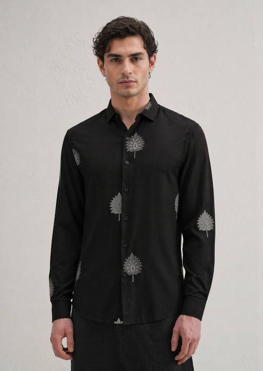 Cream and black Ethnic Motif Embroidery Shirt