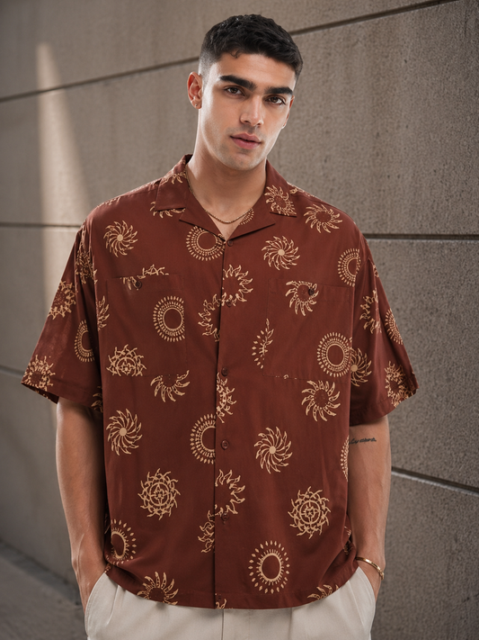 Rust Brown Abstract Print Shirt