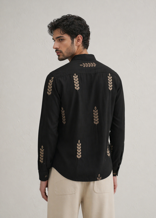 Black and cream Leaf Embroidery Shirt