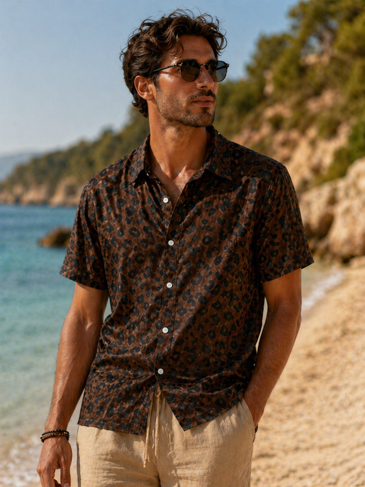 Men's Casual Short-sleeve Shirt with a Dark Brown Base Featuring a Dense Pattern