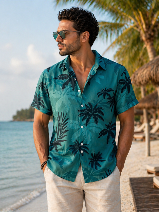 Hawaiian Beach Coconut Tree 3D Print Casual Short-Sleeve Shirt