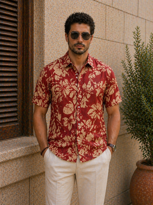 Men's SLapel Shirt Hawaiian Vacation Style with Tropical Floral Print