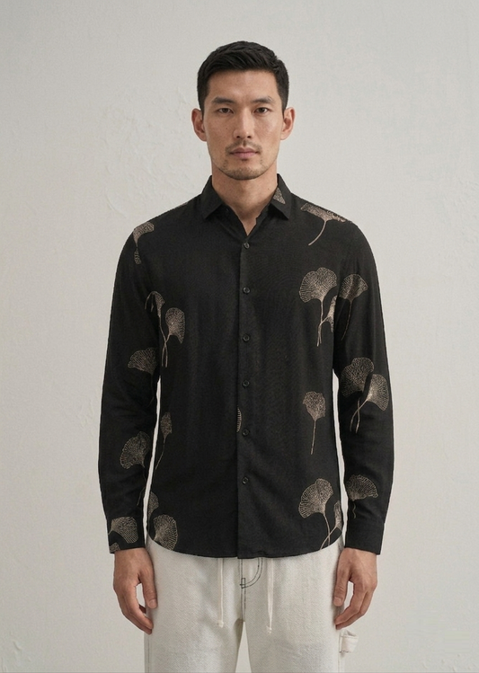 Cream and Black Abstract Leaf Embroidery Shirt