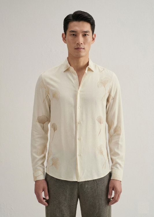 Cream and Black Abstract Leaf Embroidery Shirt