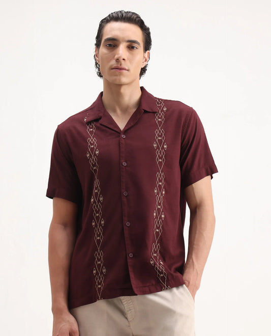 dusky maroon and olive relaxed fit embroidered shirt