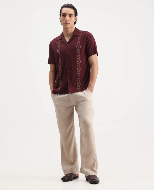 dusky maroon and olive relaxed fit embroidered shirt