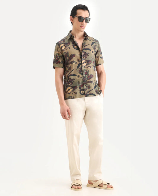 OLIVE FLORAL PRINT REGULAR FIT SHIRT