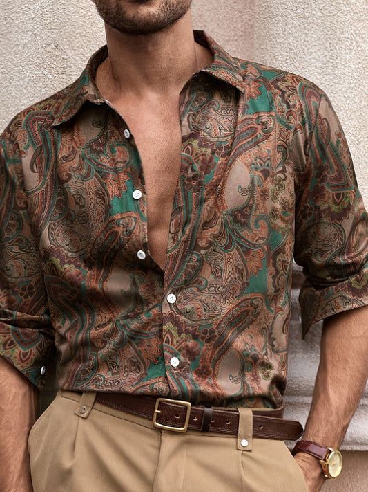 Men's Casual Long Sleeve Shirt, Woven Floral Pattern Paisley Shirt