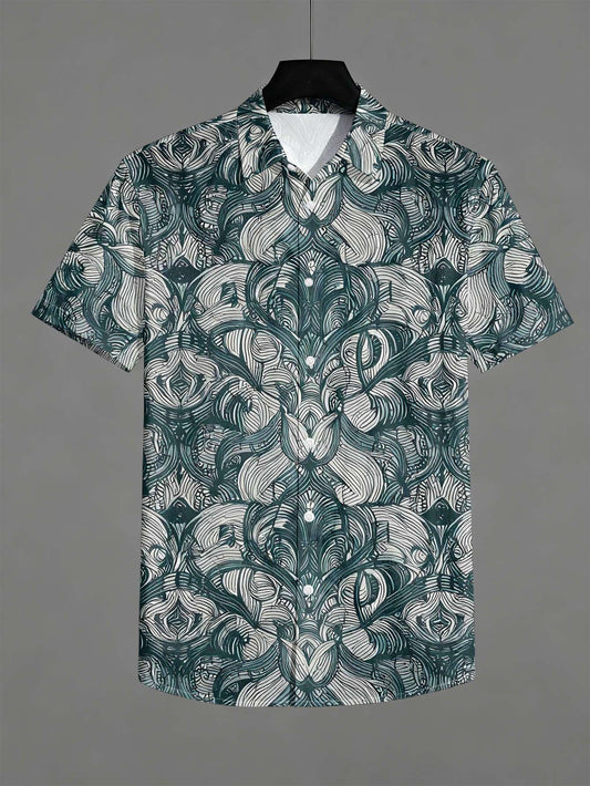 Men's Casual Short Sleeve Shirt, Dark Green Tonal Entangled