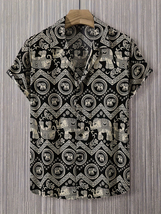 Summer Ethnic Style Elephant   Collar Shirt