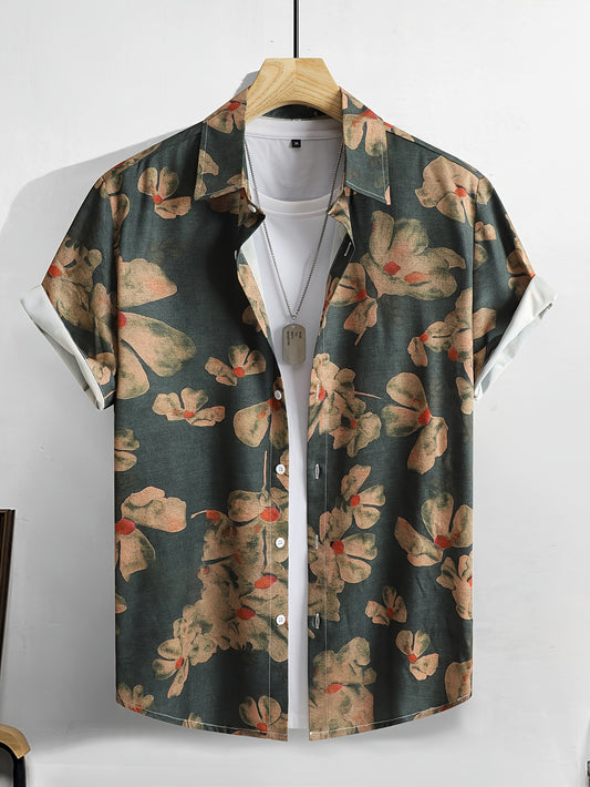 Men's Floral Print Button-Up Short Sleeve Patterned