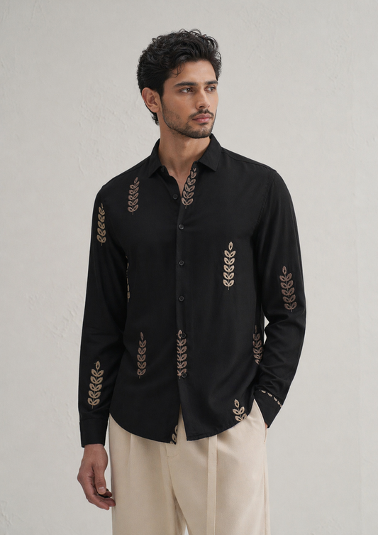 Black and cream Leaf Embroidery Shirt