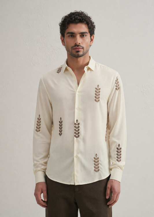 cream and Black Leaf Embroidery Shirt