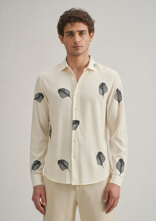 black-Cream Feather Embroidery Shirt