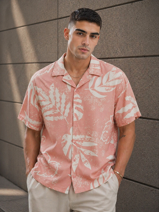 Peach Palm Print Casual Shirt