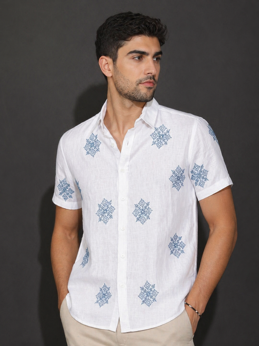 white Embroidered Half Sleeve Shirt - Blue