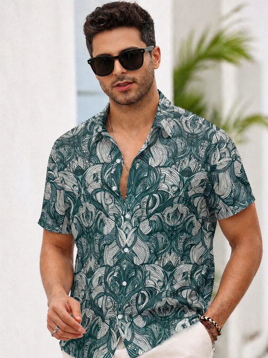 Men's Casual Short Sleeve Shirt, Dark Green Tonal Entangled