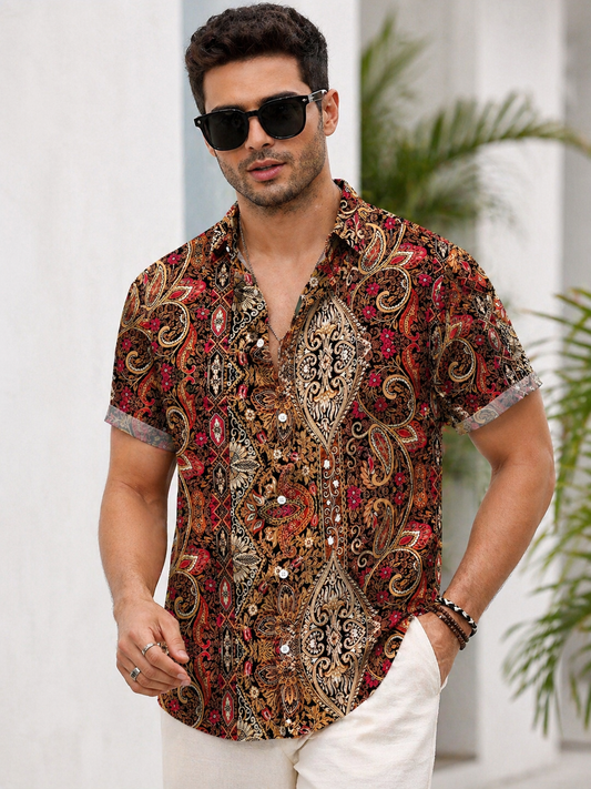 Men's Vintage Ethnic Floral Print Short Sleeve Shirt