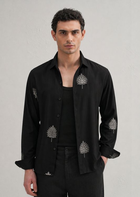 Cream and black Ethnic Motif Embroidery Shirt