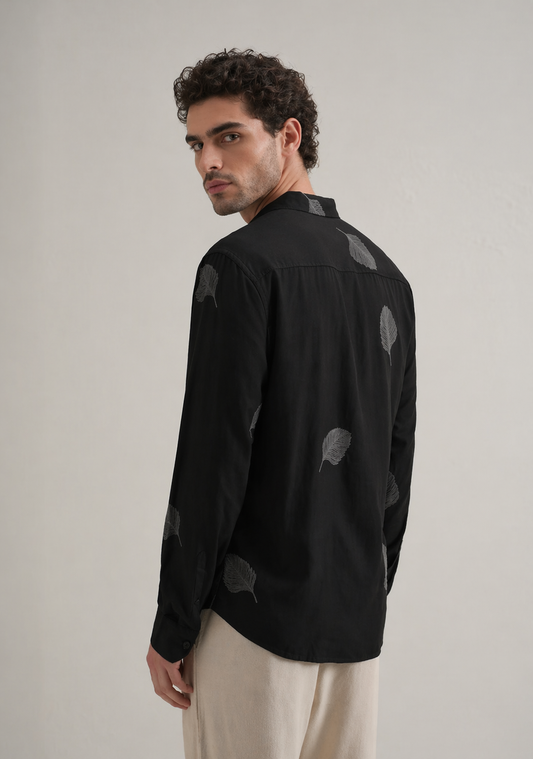 Cream-black Feather Embroidery Shirt