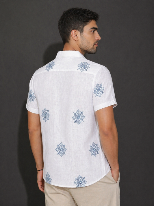 white Embroidered Half Sleeve Shirt - Blue