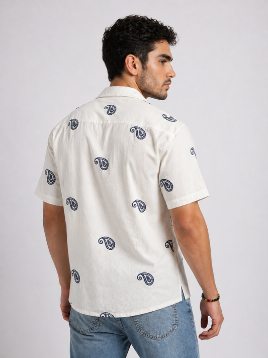 White Paisley Embroidered Casual Shirt