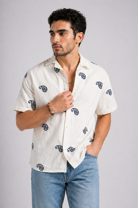 White Paisley Embroidered Casual Shirt