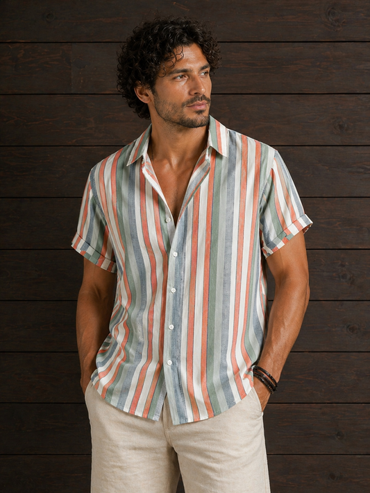 Trendy Premium Lapel Striped Short Sleeve Shirt