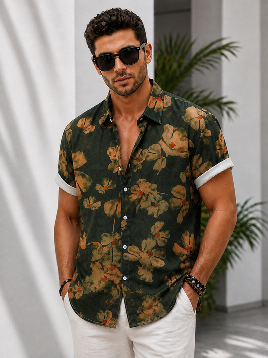 Men's Floral Print Button-Up Short Sleeve Patterned