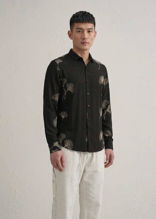 Black and cream Abstract Leaf Embroidery Shirt