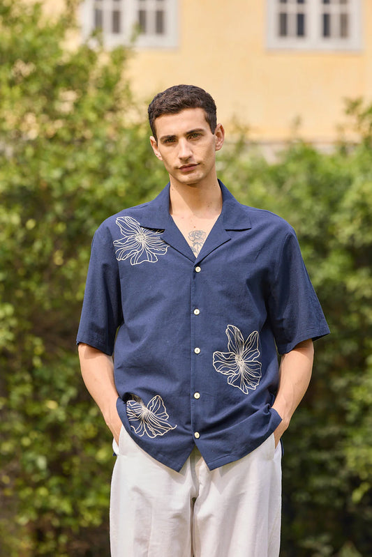 Midnight Blue Earthy Brown Embroidered Shirt