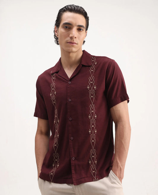 Olive  and dusky maroon relaxed fit embroidered shirt