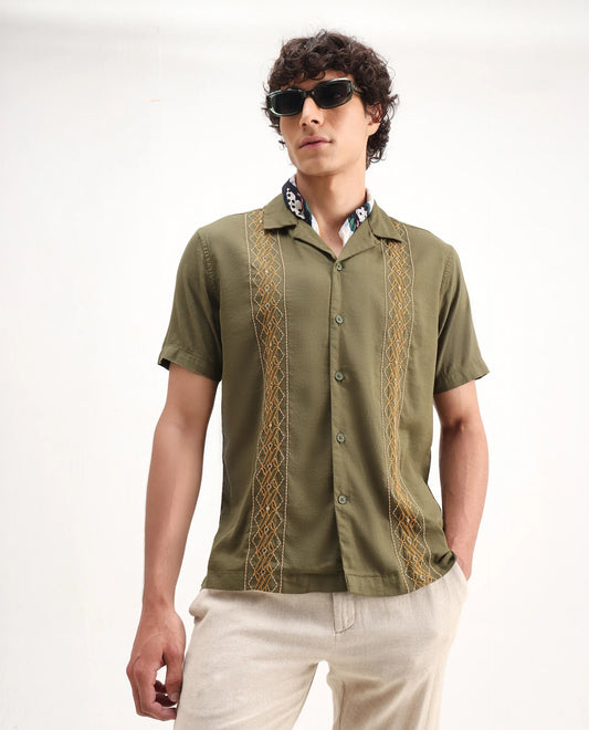 Olive  and dusky maroon relaxed fit embroidered shirt