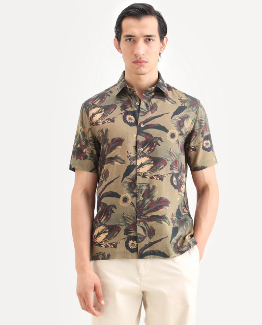 OLIVE FLORAL PRINT REGULAR FIT SHIRT