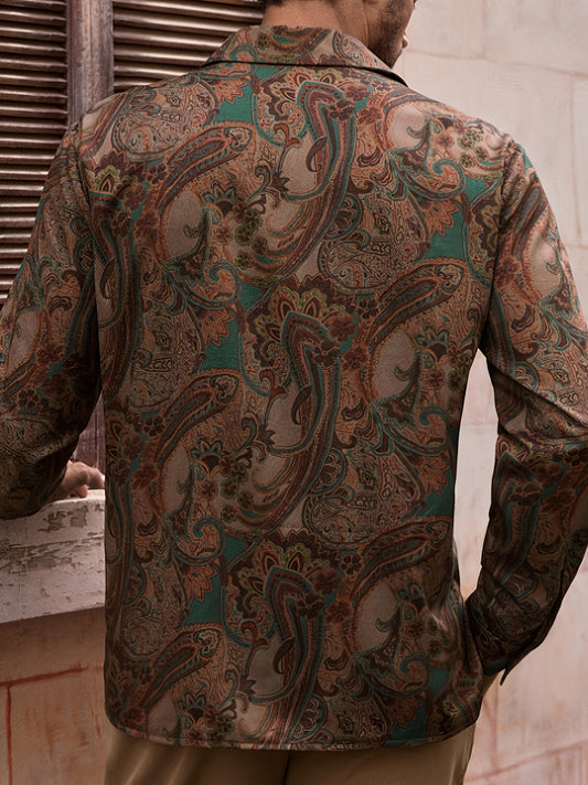 Men's Casual Long Sleeve Shirt, Woven Floral Pattern Paisley Shirt